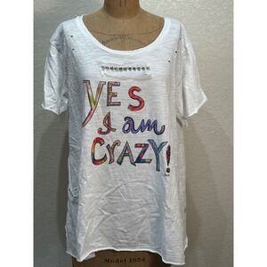 A Rare Bird Yes I Am Crazy Rhinestone Distressed Graphic T-Shirt White‎ S/M NWT